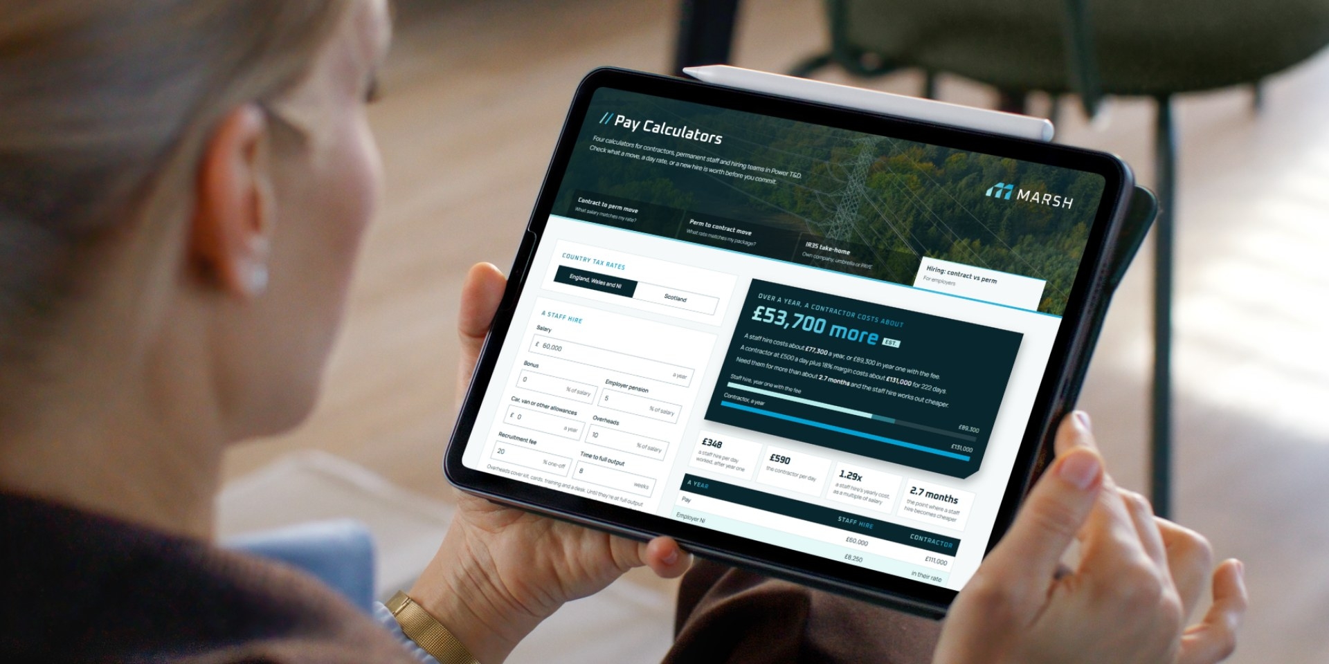 Tablet showing the Marsh RPF contract v permanent cost calculator